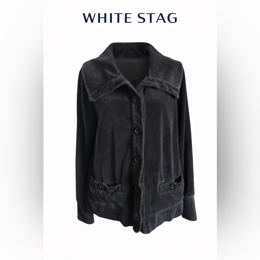 White Stag Black Velour Cowl Neck Button Jacket L 12/14